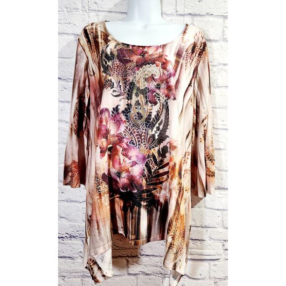 Avenue Pink Multicolor Floral Rhinestone Top 22 24 Lace V Back Lightweight Soft - Picture 1 of 6